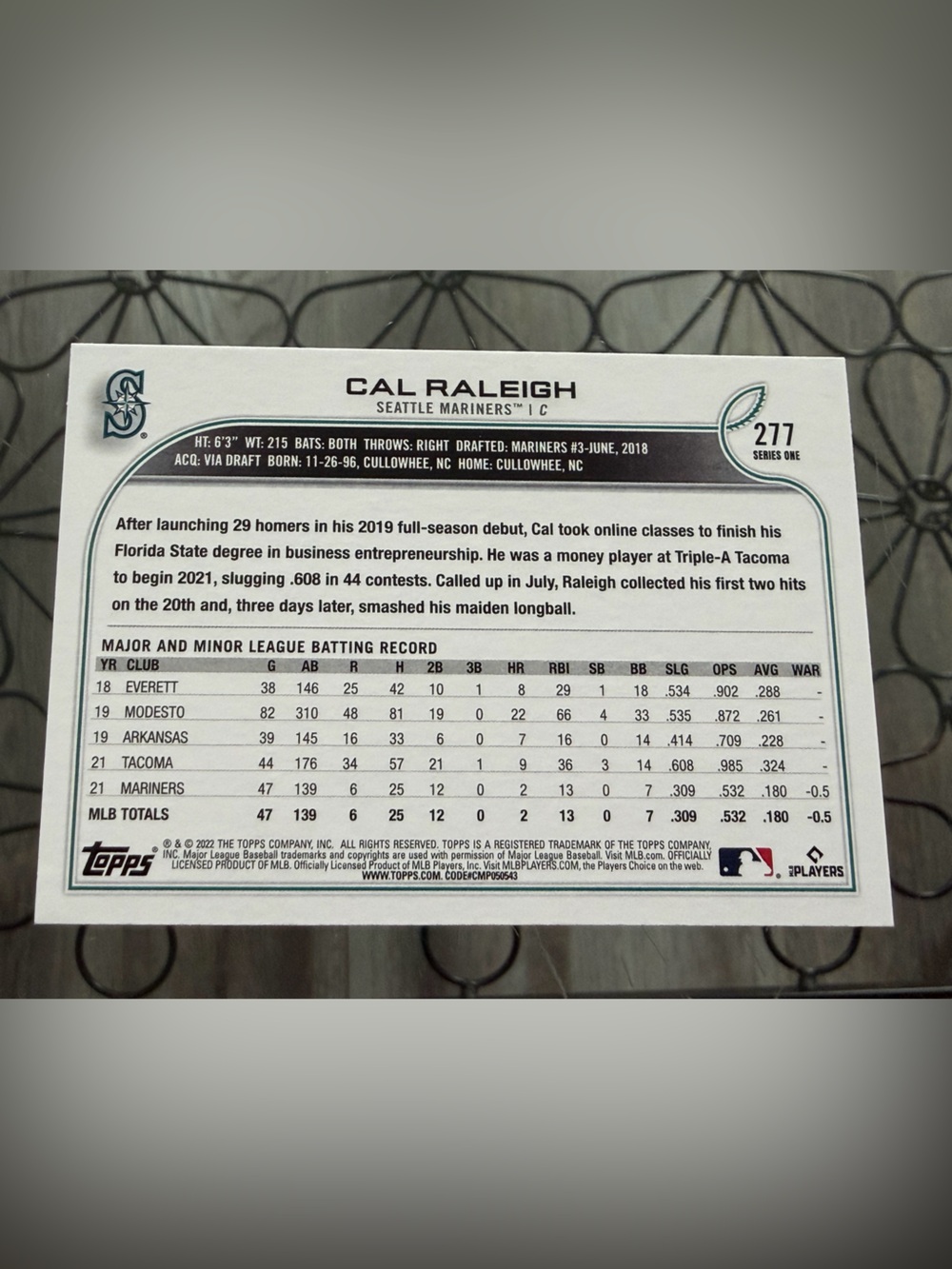 🇨🇦NOW $4🍀 Cal Raleigh 2022 Topps Seattle Mariners Rookie RC Baseball Card - Picture 2 of 2